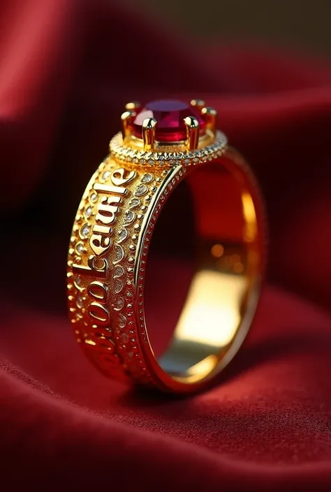 Thick gold wedding ring with ISABELLA written on the outside with a red stone