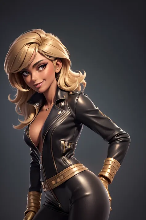 obra prima, melhor qualidade, ((only one woman,)) ((farrah fawcett, dark tan skin, short blonde bob hair, heavy makeup eye shadow, mouth open smile,)) (((wearing thigh length very black metalflake leather jacket,))) (((jacket is zipped up, jacket covers wa...