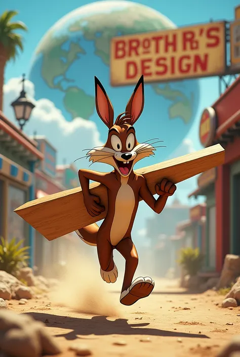 Wile Etherlbert Coyote running and holding a large piece of wood, around the world, uma placa grande escrita Brotherss Design