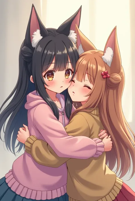 Generate a drawing of two anime girls hugging one with wolf ears and one with cat ears