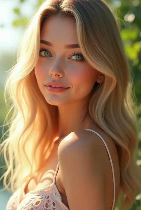 The woman&#39;s face is oval and has harmonious features.. Her blonde hair is long, wavy and flow naturally around your face, framing it gently. She has well-defined, blonde eyebrows., that complement your serene expression. Your eyes are big, with light g...