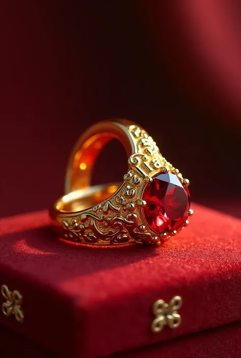 Thick gold wedding ring with ISABELLA written on the outside with a red stone