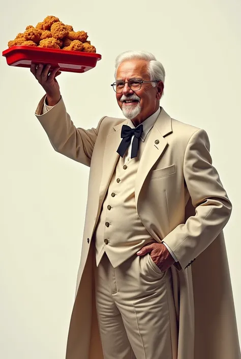 The real colonel harland sanders, with his super power which is a red square tray with a bucket of chicken