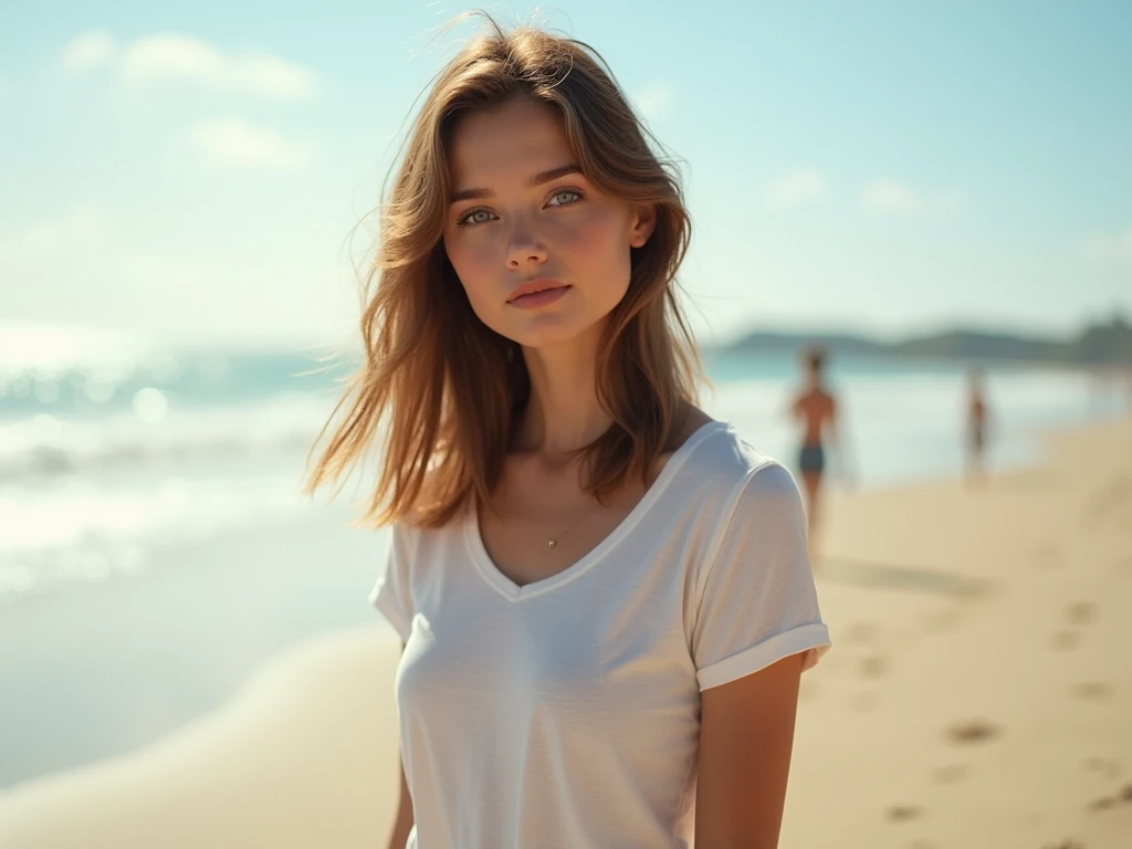 fot, taken from a distance that shows the entire body, She is very young, plein-air, em uma praia , short mini skirt and t-shirt, medium hip, Caucasian skin, sad for a lost love, long brown hair, a softened wry smile - contained excitement, Soft lighting o...