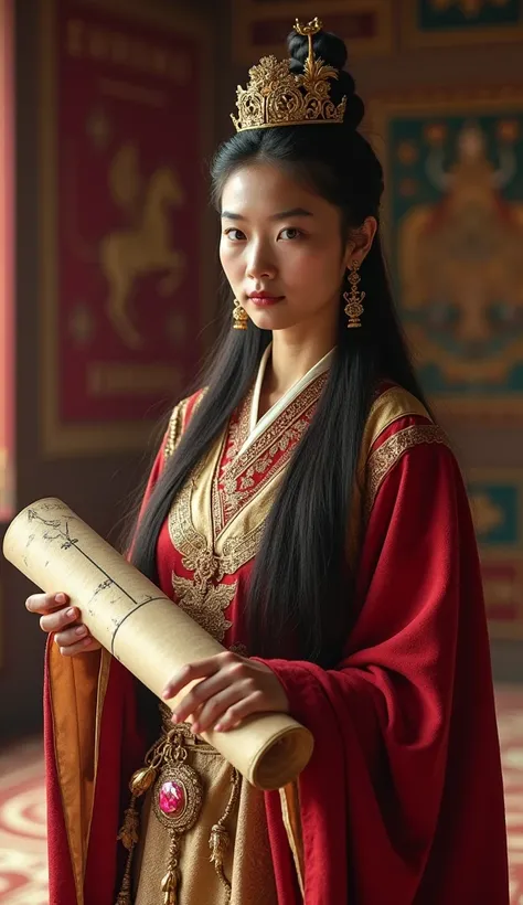 **Photo Scene Prompt for SeaArt.AI Captured with a Canon EOS 5D Mark IV: A Daughter in Diplomatic Attire**

*Scene Setup:* The image features one of Genghis Khan’s daughters standing in a grand, ornately decorated hall, symbolizing her role in diplomacy. S...