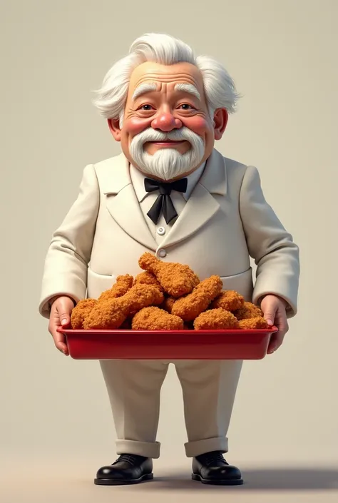 The real colonel harland sanders, with his super power which is a red square tray with a bucket of chicken