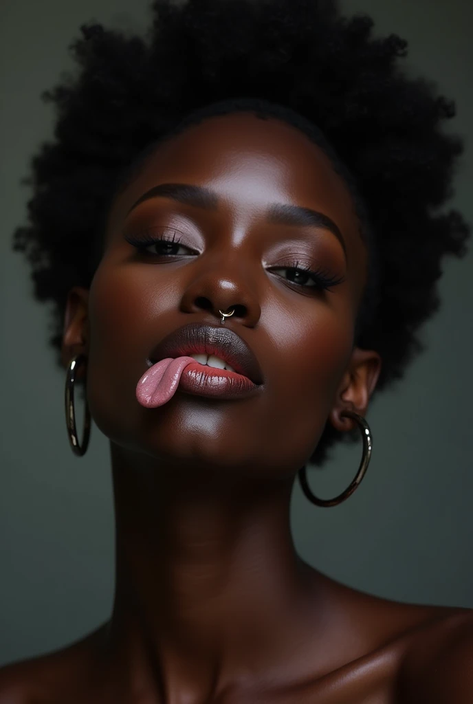 A beautiful dark African women smiling and  sticking out her pierced tongues and winking an eye in a demure but crazy way way