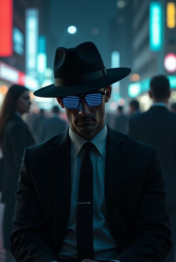 Depressed man in a suit,Wear a hat, People sitting in the city at night々, think;I can&#39;t see your face,Wear glasses,The glasses have a bluish tint,A little bit cyber chic，Fantasy World