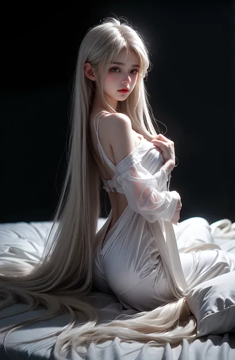 White tones，white colors，Sexy girl nipple，from back，little body，，whaite hair，White hair，White bed，Transparent silk pajamas ，Thick long hair，Empty space，Pure white space