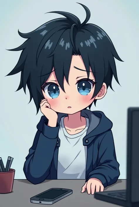 One person,Black Hair, Asymmetrical bangs, Parting the bangs,Blue Eyes,Drooping eyes,White T-shirt,Navy blue jacket,smartphone,computer,Simple background,cool,Default,Illness,Confused eyes,Distributor,Chibi Character