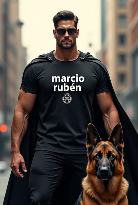 Man with inscription on his black t-shirt, and logo saying "Marcio Rubén", and with a cape, dressed as a superhero, next to a German shepherd dog