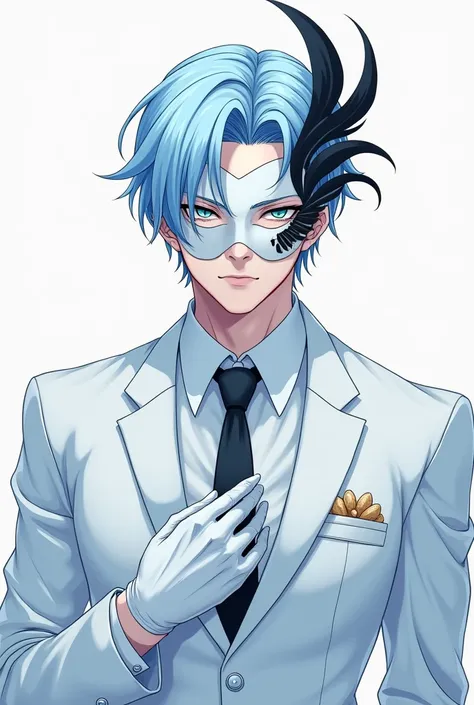 ((master part:1.2, best quality)), 4k, 1 man, anime style, Handsome, short baby blue hair, forehead, white suit, baby blue tie, portrait, white mascarade mask covering his whole face, black swirling details on on the left side of the mask, defined body, li...