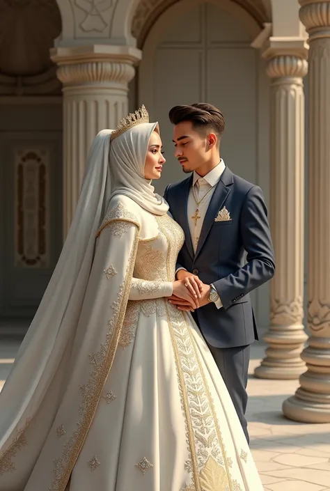 a muslim hijabi bride in full sleeve white ball-gown with golden detailing and white veil with pearl work. She will be wearing a cape covering her breast, small gold crown, long gold neckpiece and diamond ring. Her husband will be in dark navy blue suit, w...