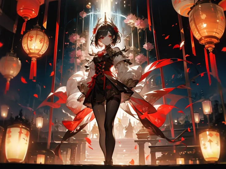 ((masterpiece, best quality)), Epic battlefield atmosphere，Ashes Paradise，A display of fireworks and a sea of lanterns，Silver Bell Ice Heart，Magician，Flame Surround，spark，Petals falling，A meticulous face，Standing image，Perfect body proportions，Long legs，St...