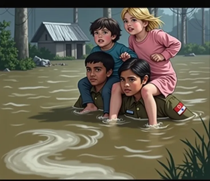 Civilian children on the shoulders of the Bangladesh Army in the flood rescue operation.