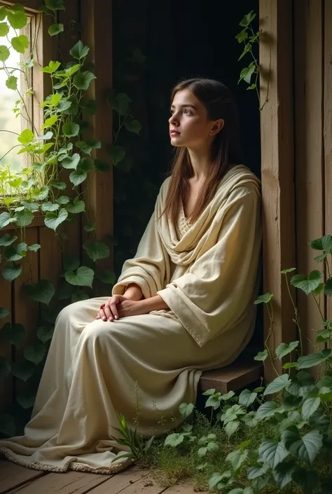 A young woman from the bible in a house with weeds