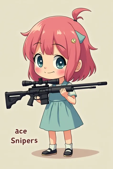  cute smiling girl with pink hair and baby blue dress with small skull tattoo, holding a sniper rifle her size, and the words "Ace Snipers" written in front of her.