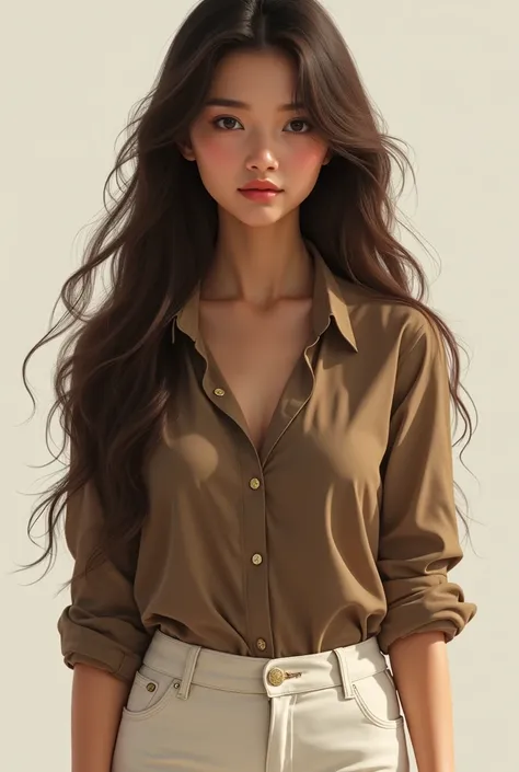 A beautiful girl with long hair and wearing brown shirt and white pant