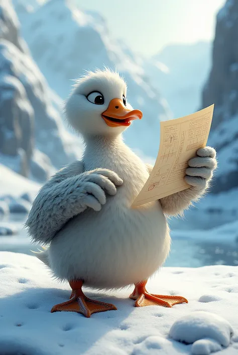 Create a 3d duck, drawning, who lives in the frozen region, holding a paper and he pointing to the paper
