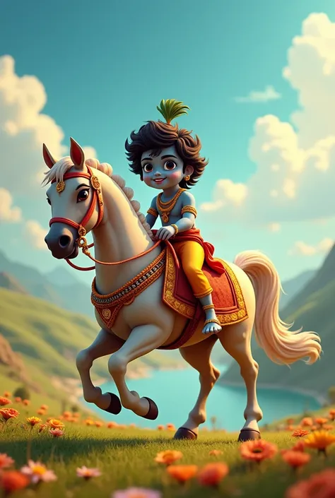 Create Cinematic 3d Cartoon Style Images "Little Krishna Riding Horse"