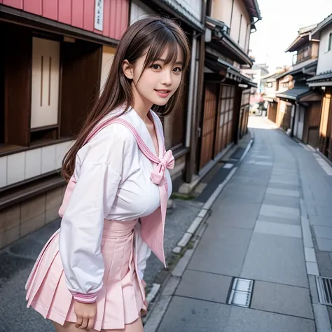 laughing out loud，pink collar, Wear Kitauji High School uniform, White sailor suit, Pink pleated skirt, Sailor suit with pink collar on white background, White clothes, (knee shot), 1 girl, On the face, light brown hair, blunt bangs, hair behind ears, Hair...