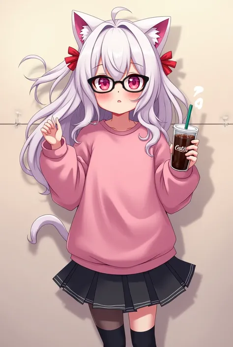 I have white pink hair, cat ears, A good, My face is super flushed, black glasses, pink heart eyes, a big pink sweatshirt, a black skirt, black stockings, White shoes, A cat&#39;cola, A woman. very shy that is stuck to a wall with her butt