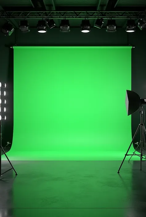 Studio with very realistic green screen , with lights and a more distant view as if I was just arriving and taking a very realistic photo of him in real life , Don&#39;t show people , only the studio 
