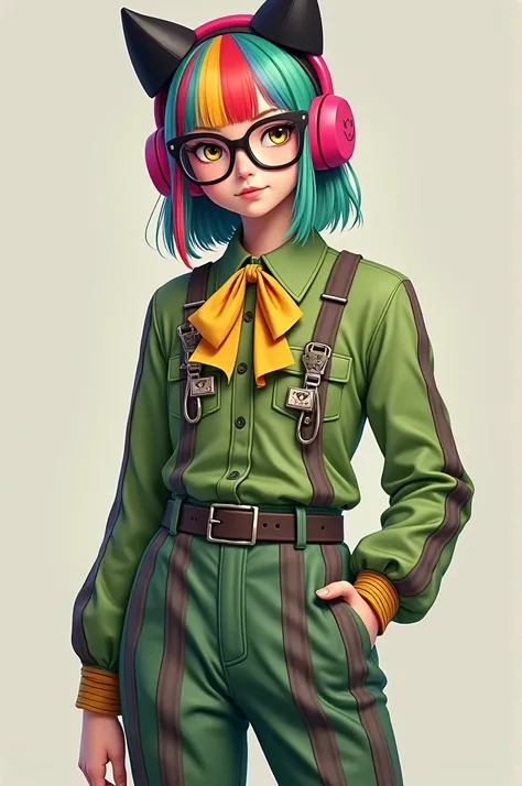 Female character with a long-sleeved green blouse with brown stripes, green pants with gray and brown stripes, rainbow hair with a yellow bow on her head, black glasses, and dark pink kitten balaclava headphones 