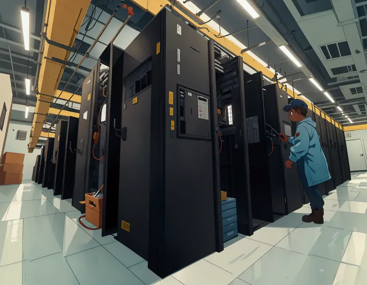 Workers checking the server room