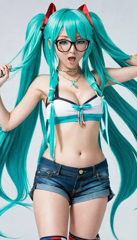 1girl, solo, breasts, long_hair, shorts, hatsune_miku, twintails, aqua_hair, glasses, cleavage, bracelet, open_mouth, large_breasts, jewelry, crop_top, aqua_eyes, midriff, underwear, very_long_hair, navel, flag, short_shorts, panties, highleg, shirt, looki...