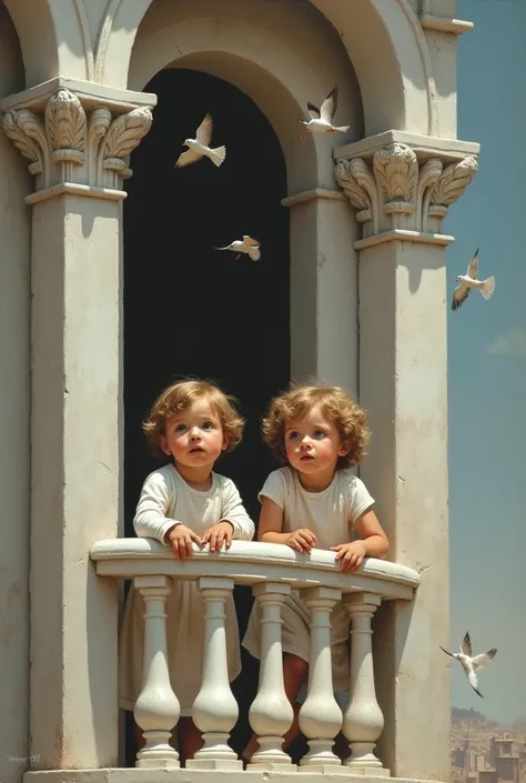 kids at balcony; pillars with vaulte arch; front view; with dress; caravaggio painting; white architecture; kids trying to catch the birds at the top of guard; hight quality face; back of the kids; super realism; white dress; almost falling from the balcon...