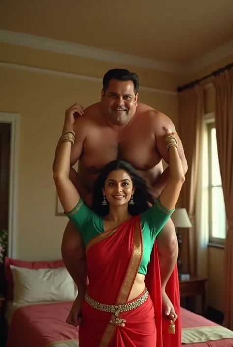 Beautiful and Slim Indian woman Aishwarya Rai in green blouse red saree lifting a large chubby man above her shoulders, man is sitting on womans shoulders, in a bedroom with high ceiling, natural smile, full body image 