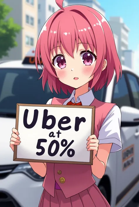 anime, drawing, pretty girl, White skin color, pink hair, works in taxi, He is holding a sign that says UBER AT 50%