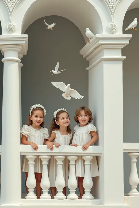 kids at balcony; pillars with vaulte arch; front view; with dress; caravaggio painting; white architecture; kids trying to catch the birds at the top of guard; hight quality face; back of the kids; super realism; white dress; almost falling from the balcon...