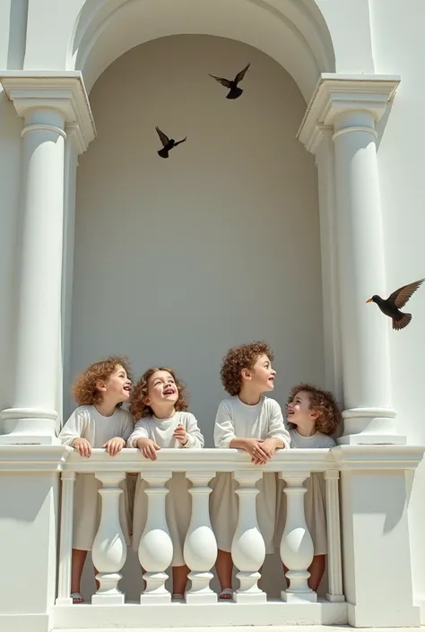 kids at balcony; pillars with vaulte arch; front view; with dress; caravaggio painting; white architecture; kids trying to catch the birds at the top of guard; hight quality face; back of the kids; super realism; white dress; almost falling from the balcon...