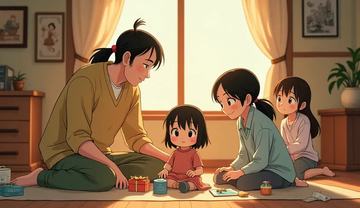 A warm and nostalgic Studio Ghibli scene showing a family with two daughters and a son. The parents, looking tired but loving, focus all their attention on their youngest daughter, Sofia, who is sitting in the center surrounded by the best, such as gifts a...