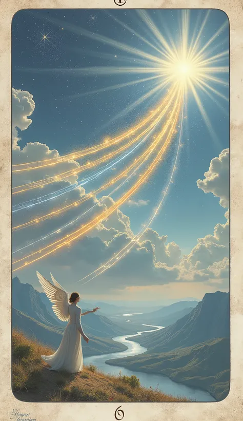 Create a breathtaking and hyper-realistic image for the Eight of Staffs in the Lumen Angelis Tarot deck. The scene captures the intense movement and momentum of eight luminous staffs of light as they soar through the sky in perfect unison. These staffs, ea...