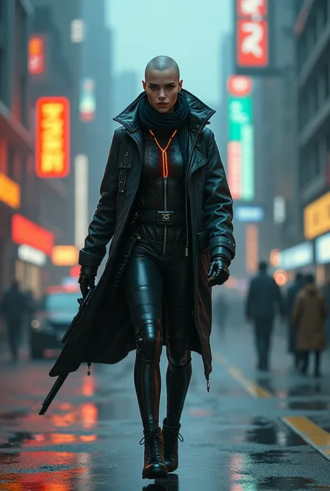 deadly and beautiful cyberpunk cyborg killer with shaved hair