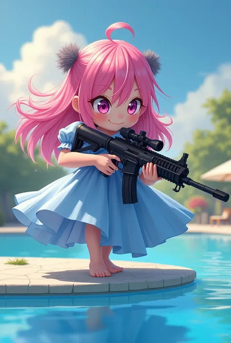  cute smiling girl with pink hair and a blue pool dress holding an assault rifle, and the words "Ace Snipers" in front of her