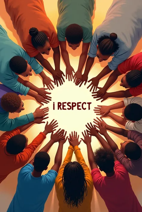 An image showing several people of different ages, genres, and cultures shaking hands in a circle, with a colorful background that symbolizes diversity. In the center of the circle, a big word that says "I respect