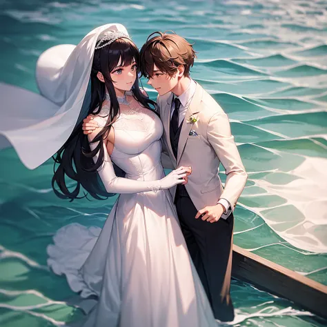 A man and a man get married in the middle of the sea.