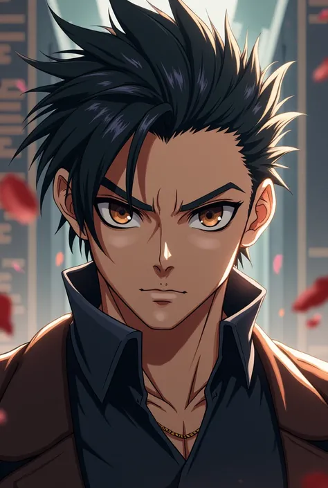 Young man character with hair slicked back, dark brown eyes in demon slayer anime style