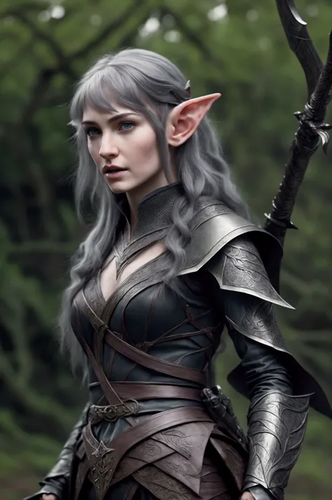 beautiful young elf woman, delicate facial features, marked jaw, gray eyes, black hair, bangs, elven tattoos, brandishes a sword in her hands, standing in a defensive position, corpses of enemies in the background, long shot, realism, cinematographic light...