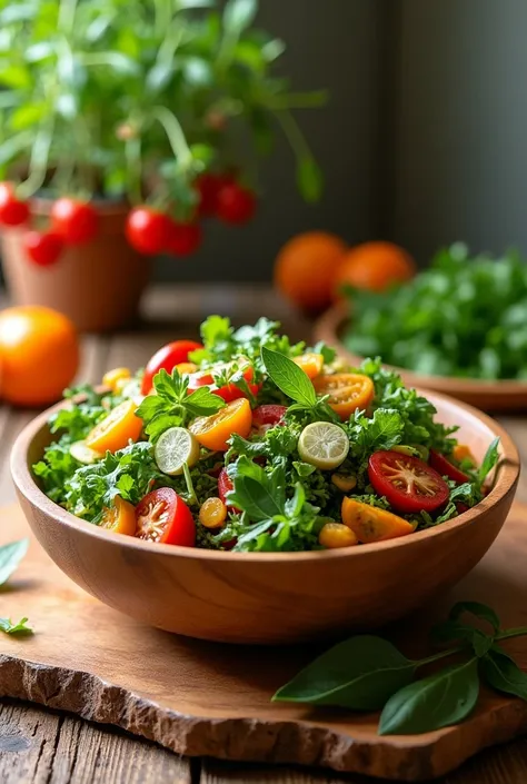 Chic wooden bowl with mouth-watering colorful and crunchy salad, on top of a wooden table with cherry tomato plant and citrus fruits 