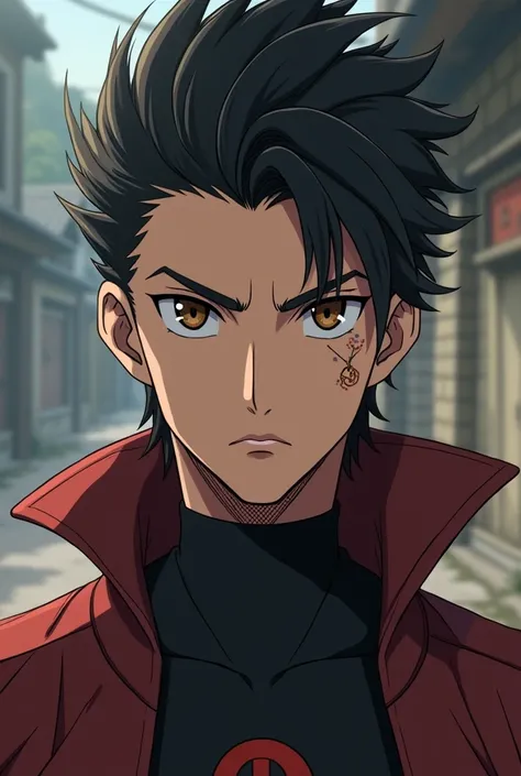 Young man character with hair slicked back, dark brown eyes in demon slayer anime style