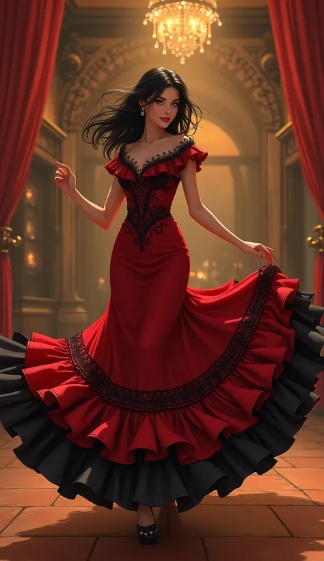 A beautiful woman with medium-length chestnut-black hair, Latin American heritage, a flawless oval face, passionate gaze, sweet smile, tall and graceful dancers figure, a fantasy-realism style flamenco-inspired dress, flowing skirt, alternating red and bla...