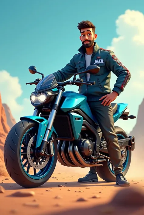 Blue all terrain motorcycle and the owner standing next to it with a jacket bearing the name JAIR more animated image