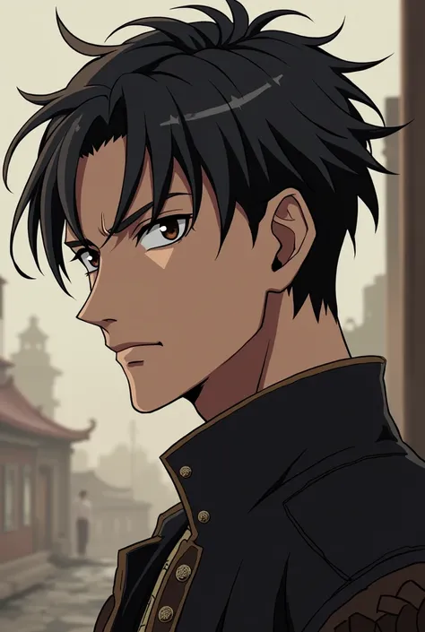 Young man character with hair slicked back, dark brown eyes in demon slayer anime style