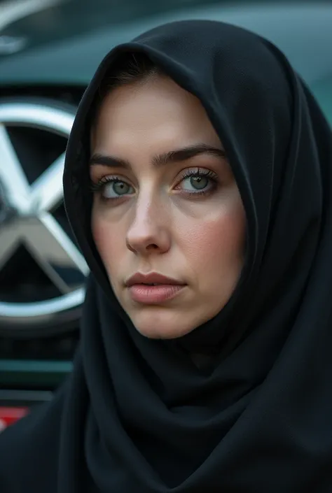 Woman in hijab with car logo in background and where is the car 
