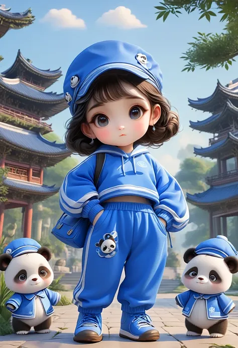 3d，Cute panda，Royal blue ancient style clothes，Pants，Boots and hats，Cartoon Style